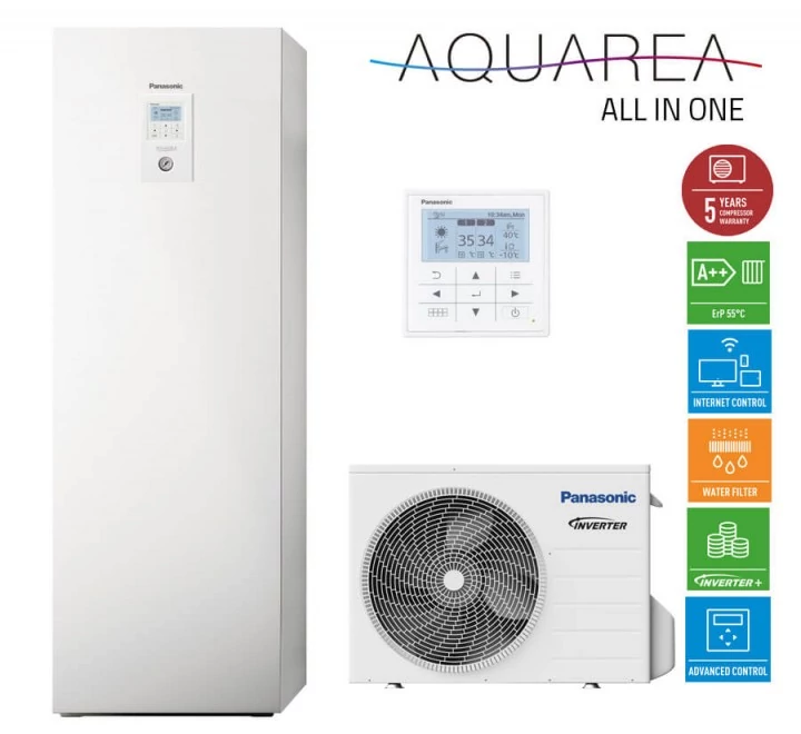 Panasonic AQUAREA  KIT-ADC03HE5  3 kW hőszivattyú all in one osztott kivitelű levegő-víz  200 literHMV tartály 