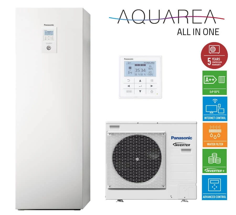 Panasonic AQUAREA  KIT-ADC09HE5  9 kW hőszivattyú all in one osztott kivitelű levegő-víz 200 liter HMV tartály 